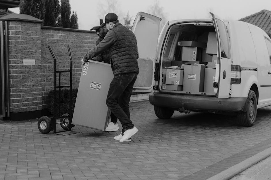 Two movers from Man With a Van Wallington are engaged in a home relocation process, transferring a large cardboard box labelled 'fragile' onto a hand truck on a paved driveway outside a residential bu